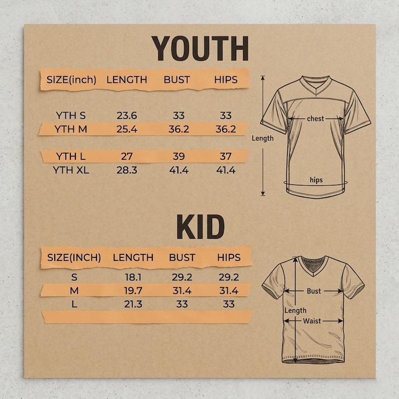 May include: A tan-colored size chart for youth and kid's clothing. The chart includes measurements in inches for length, bust, and hips. Diagrams of t-shirts illustrate where measurements are taken.