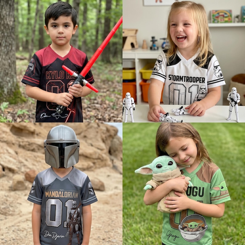 May include: A collection of four short-sleeved V-neck jerseys featuring Star Wars themes. The designs include Kylo Ren in red and black, a white Stormtrooper jersey, a grey Mandalorian shirt, and a green Grogu jersey, each with number 01 graphics.