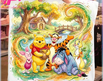 Cute Bear and Friends PNG, Cartoon Characters Clipart, Glitter Watercolor Style, Premium Kids Shirt Sublimation Design, Digital Download
