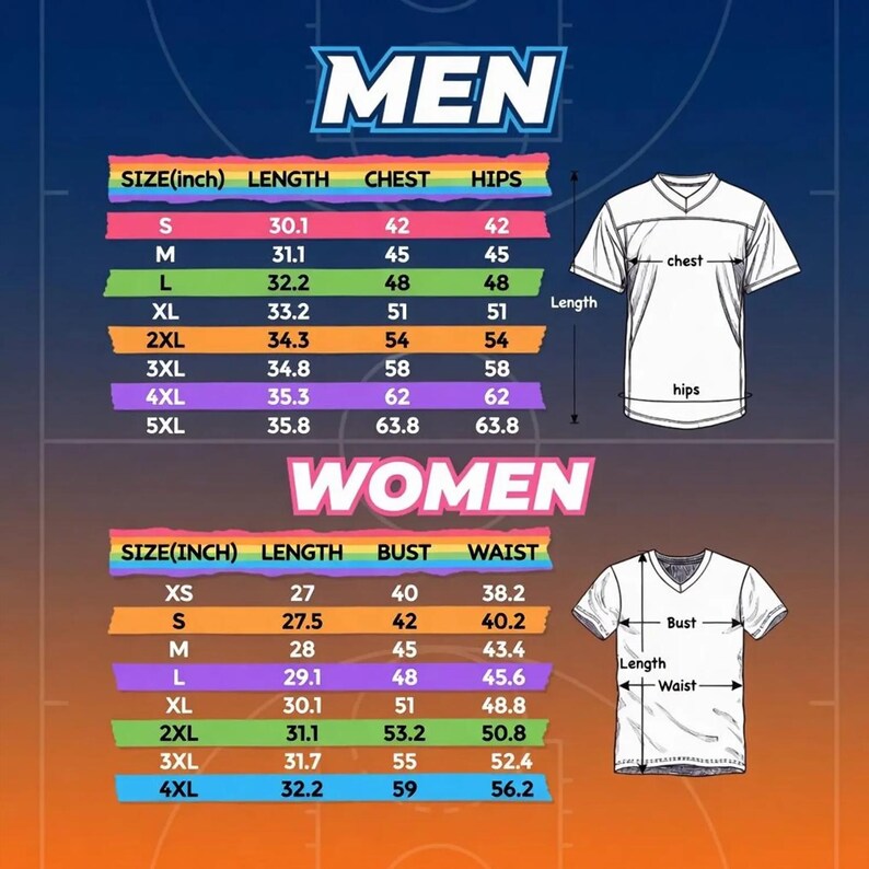 May include: A size chart for apparel featuring two sections labeled MEN and WOMEN. Each section includes a table with columns for size, length, chest, hips, bust, and waist in inches, alongside a line drawing of a V-neck t-shirt with arrows.