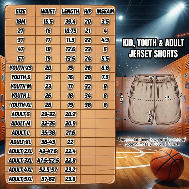 May include: Size chart for Kid, Youth & Adult Jersey Shorts. Measurements include waist, length, hip, and inseam in inches. The product may have a tolerance of approximately 0.39 - 1.2 inch. A basketball is in the foreground.