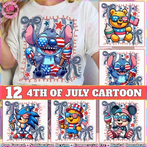 12 Designs Preppy 4th Of July PNG Bundle, Cartoon Character, 4th Of July Design, USA Flag Png, America Coquette, Patriotic Png, Digital File