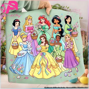 May include: A light green blanket featuring cartoon illustrations of Disney princesses holding Easter baskets and eggs. The princesses are dressed in their iconic gowns, with floral and pastel accents. The blanket is a digital design.