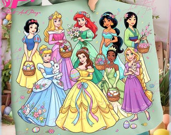 Lindas princesas de Disney de Pascua PNG, personajes de dibujos animados con atuendos de Pascua, clipart de feliz día de Pascua, conejito de Pascua PNG, descarga digital