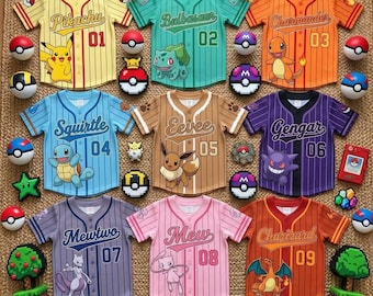 Custom PKM Baseball Jersey for Kids, Pikachu Charmander Squirtle Cartoon Jersey Tees, PKM Birthday Gift for Kids, Anime Kids Baseball Jersey
