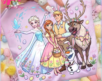 Lindas princesas de Disney y sus amigas de Pascua PNG, personajes de dibujos animados con atuendos de Pascua, clipart de feliz día de Pascua, conejito de Pascua, descarga digital