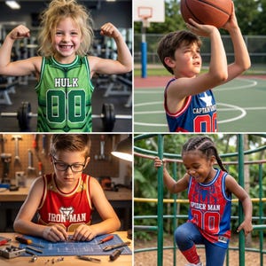 May include: Four children wearing superhero-themed jerseys. The jerseys feature the characters Hulk, Captain America, Iron Man, and Spider-Man. The Hulk jersey is green, the Captain America and Spider-Man jerseys are blue, and the Iron Man jersey is red.