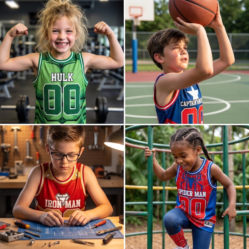 May include: Four children wearing superhero-themed jerseys. The jerseys feature the characters Hulk, Captain America, Iron Man, and Spider-Man. The Hulk jersey is green, the Captain America and Spider-Man jerseys are blue, and the Iron Man jersey is red.