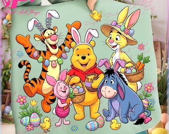 Lindo oso de Pascua de Disney y sus amigos PNG, personajes de dibujos animados con atuendos de Pascua, clipart de feliz día de Pascua, conejito de Pascua PNG, descarga digital