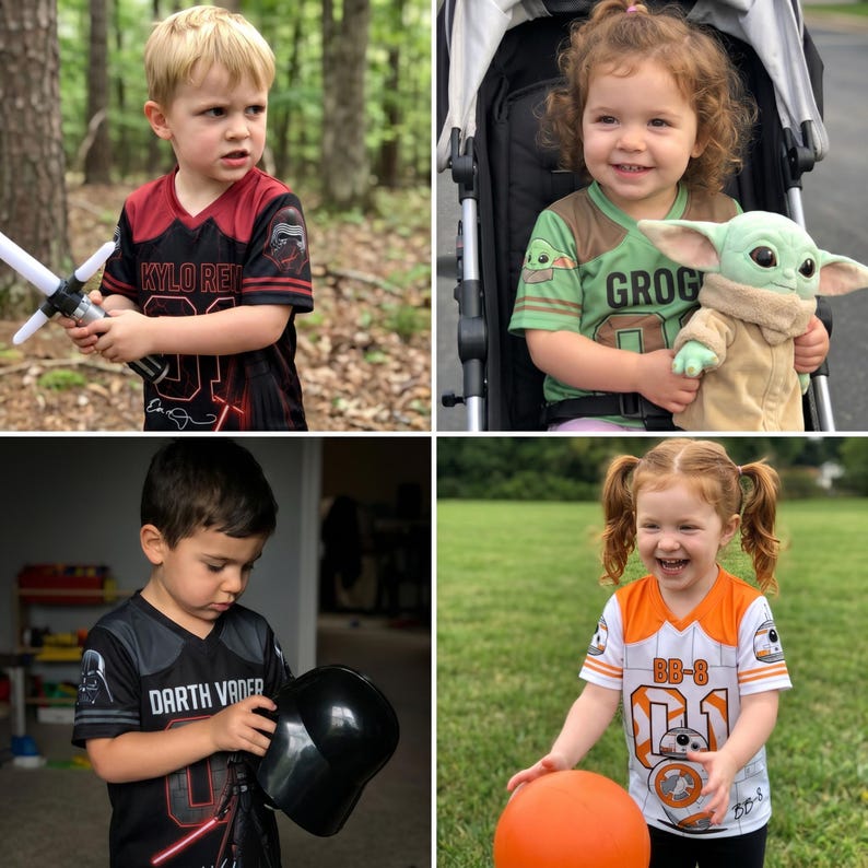 May include: A collage of four Star Wars themed jerseys. One is a red and black Kylo Ren jersey, one is a green Grogu jersey, one is a black Darth Vader jersey, and one is an orange and white BB-8 jersey, all featuring character graphics and names.