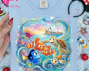 Cute Cartoon Fish Friends PNG, Cartoon Characters Clipart, Glitter Watercolor Style, Premium Kids Shirt Sublimation Design, Digital Download