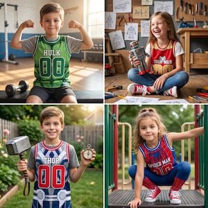 May include: Four children wearing superhero-themed jerseys. The jerseys feature the names "Hulk", "Iron Man", "Thor", and "Spider-Man" with the number "00". The children are in various settings, including a gym, a workshop, a garden, and a playground.