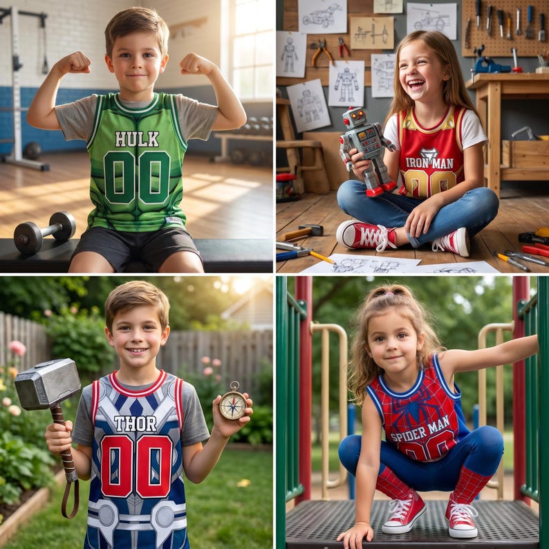 May include: Four children wearing superhero-themed jerseys. The jerseys feature the names "Hulk", "Iron Man", "Thor", and "Spider-Man" with the number "00". The children are in various settings, including a gym, a workshop, a garden, and a playground.