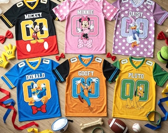 Personalized Disney Mickey Mouse Football Jersey for Kids, Custom Name Number Mickey & Friends Shirt, Minnie Donald Goofy Birthday Gift