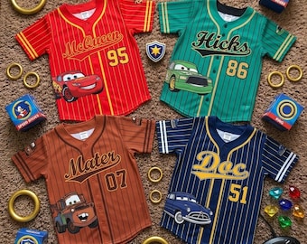 Custom Disney Cars Baseball Jersey for Kids, Lightning McQueen Mater Cartoon Jersey, Cars Birthday Gift for Kids, Racing Car Kids Jersey Y2K