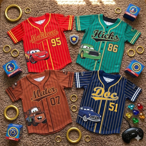 Custom Disney Cars Baseball Jersey for Kids, Lightning McQueen Mater Cartoon Jersey, Cars Birthday Gift for Kids, Racing Car Kids Jersey Y2K