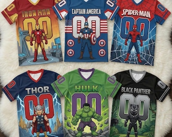 Personalized Avengers Football Jersey Custom Name, Super Hero Birthday Jersey, Avengers Squad Shirt Family Matching Party Outfit Marvel Gift