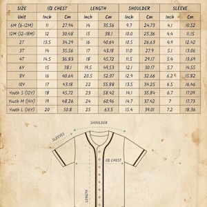 May include: A baseball jersey size chart for kids and youth, with measurements in inches and centimeters. The chart includes sizes from 6 months to Youth Large (16Y), with chest, length, shoulder, and sleeve measurements.