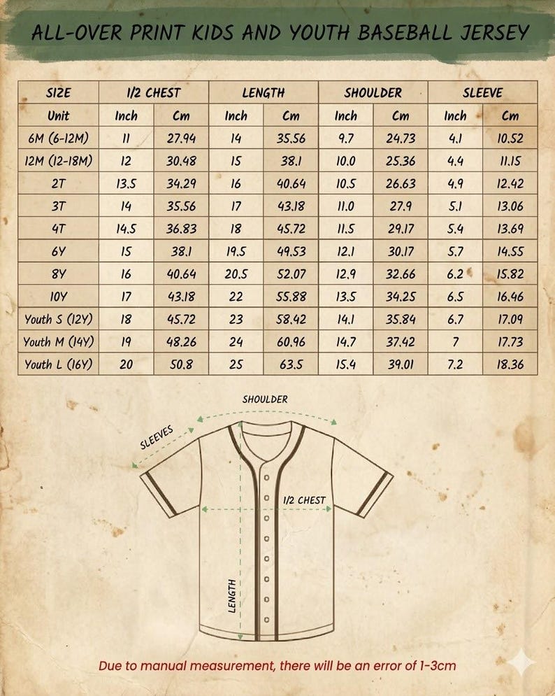 May include: A baseball jersey size chart for kids and youth, with measurements in inches and centimeters. The chart includes sizes from 6 months to Youth Large (16Y), with chest, length, shoulder, and sleeve measurements.