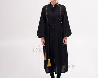 Vestido de lino negro bordado: ropa bohemia de manga larga