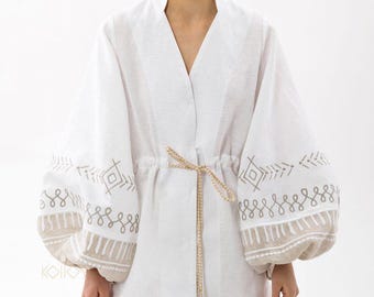 White Linen Vyshyvanka Blouse – Hand Embroidered Ukrainian Folk with Trypillian Ornaments