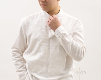 Men’s White Linen Vyshyvanka Shirt with Ukrainian Tree Embroidery Featuring Regions of Ukraine Handmade Traditional Ukrainian Shirt for Men