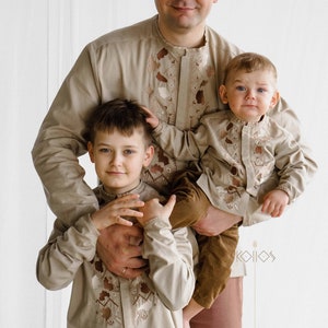 Ukrainian Men&#39;s embroidered shirt with beige cotton, long sleeve beige and brown threads embroidery, beige cotton shirt