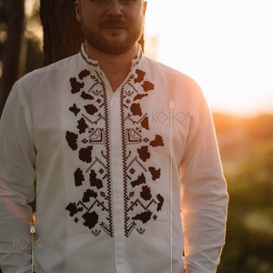 Ukrainian shirt for men, Ukrainian Men&#39;s embroidered shirt with white linen, long sleeve black threads embroidery, white linen shirt