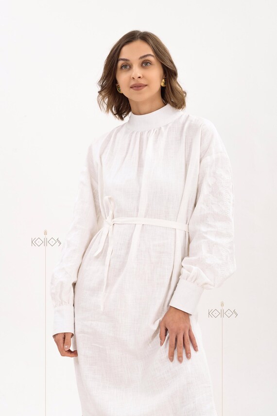 Embroidered White Linen Maxi Dress: Long Sleeve Boho Gown Embroidered White Linen Maxi Dress: Long Sleeve Boho Gown