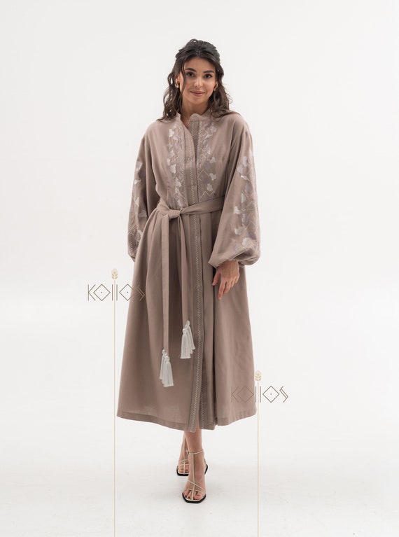 Embroidered Maxi Dress: Beige Homespun Linen, Gray Floral Embroidery Embroidered Maxi Dress: Beige Homespun Linen, Gray Floral Embroidery