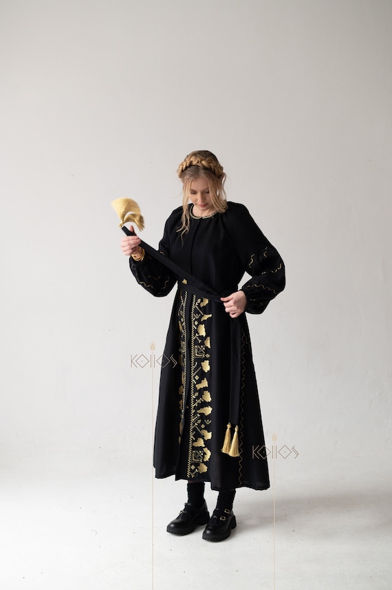 Embroidered Dress, Made of Black Homespun Cloth, Dressed with Long Sleeves, Gold Embroidery, Ukrainian Vyshyvanka for Women, Bohemian Dress