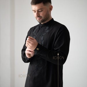 Ukrainian shirt for men, Ukrainian Men&#39;s embroidered shirt with black  linen, long sleeves, black threads embroidery, black linen shirt