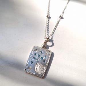 The Mermaid Necklace, Sea Shell Silver Necklace, Square Shell Pendant, Sterling Silver Jewelry, Gift for Her, Blue Zirconia Silver Pendant