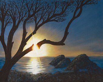 May include: A painting of a silhouetted tree with a bright yellow sun setting over a body of water. The tree branches are split apart, framing the sun. The water is a deep blue and the sky is a light blue. There are two rocky islands in the distance.