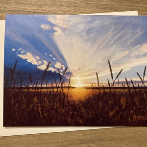 Landschapswenskaart, framebaar decor van 5 x 7, afdruk van origineel olieverfschilderij 'Wyoming Sunset'