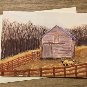 Landschapswenskaart, framebaar decor van 5 x 7, afdruk van originele aquarelschilderij 'Sheep Barn'