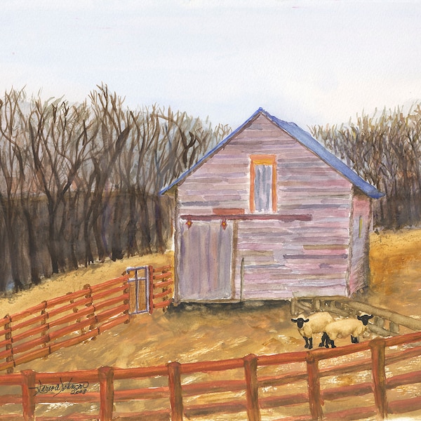 Canvas Print of Original Sheep Barn Oil Painting by Karen Johnson