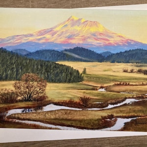Landschapswenskaart, framebaar decor van 5 x 7, afdruk van prijswinnend origineel "Mount Shasta at Dusk"-olieverfschilderij van de 1e plaats