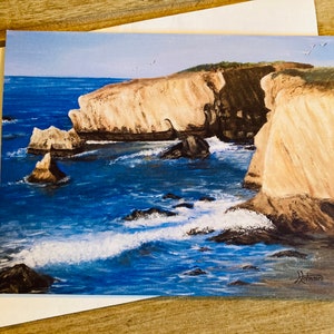 Tarjeta de felicitación con paisaje, decoración enmarcable de 5 x 7, impresión de la pintura al óleo original "Cliffs at Shell Beach", ganadora del primer premio