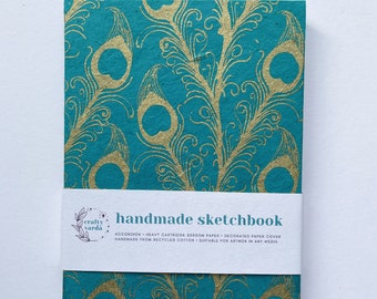 Accordion Book | Peacock Feathers | Handmade Sketchbook | Gift Idea for Artists and Writers | Eco-Friendly | Mixed Media Artwork