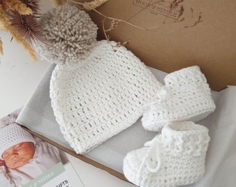 Crochet Cotton Newborn Hat and Booties Set, Unisex Baby Gift
