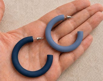 Blue Hoop Earrings, Navy Blue Earrings, Statement Hoop Earrings, Lightweight Big & Small Hoops, Polymer Clay