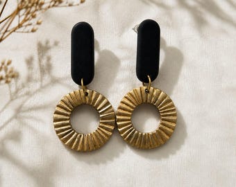 Black Gold Drop Earrings – Textured Polymer Clay Earrings For Women – Boho