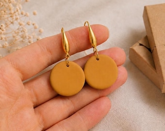 Mustard Disc Earrings, Minimalist Earth Tone Dangle Earrings, Boho Neutral Jewelry, Lightweight Polymer Clay