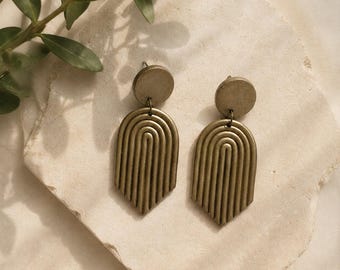 Metallic Bronze Arch Earrings, Modern Polymer Clay Dangle Earrings, Lightweight Handmade Jewelry