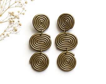 Spiral Metallic Clay Earrings, Modern Statement Dangle Earrings, Lightweight Bronze Gold Jewelry, Sculptural Organic