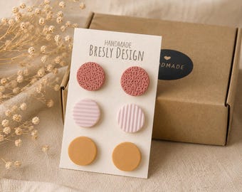 Minimalist Stud Earrings Set of 3, Pink Terracotta Mustard Studs Pack, Textured Clay Earrings
