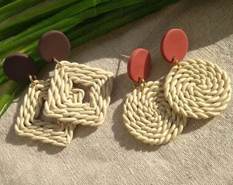 Lightweight Boho Polymer Clay Earrings, Rattan Style Disc Hoops, Knit Drop Earrings