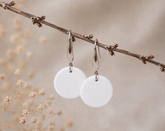 Matte White Clay Disc Earrings, Lightweight Minimalist Dangle Earrings, Gift for Her
