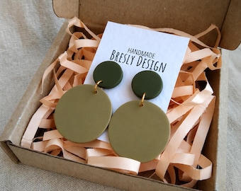 Olive Green Disc Earrings, Earth Tone Statement Earrings, Lightweight Clay Jewelry, Gift for Her